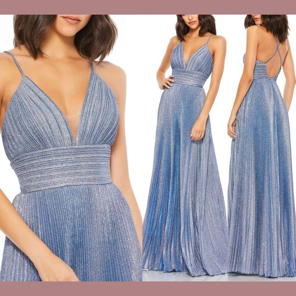 NWT $398 IEENA Mac Duggal [ 6 ] Shimmer Pleated V Neck Gown‎ Royal Silver Blue